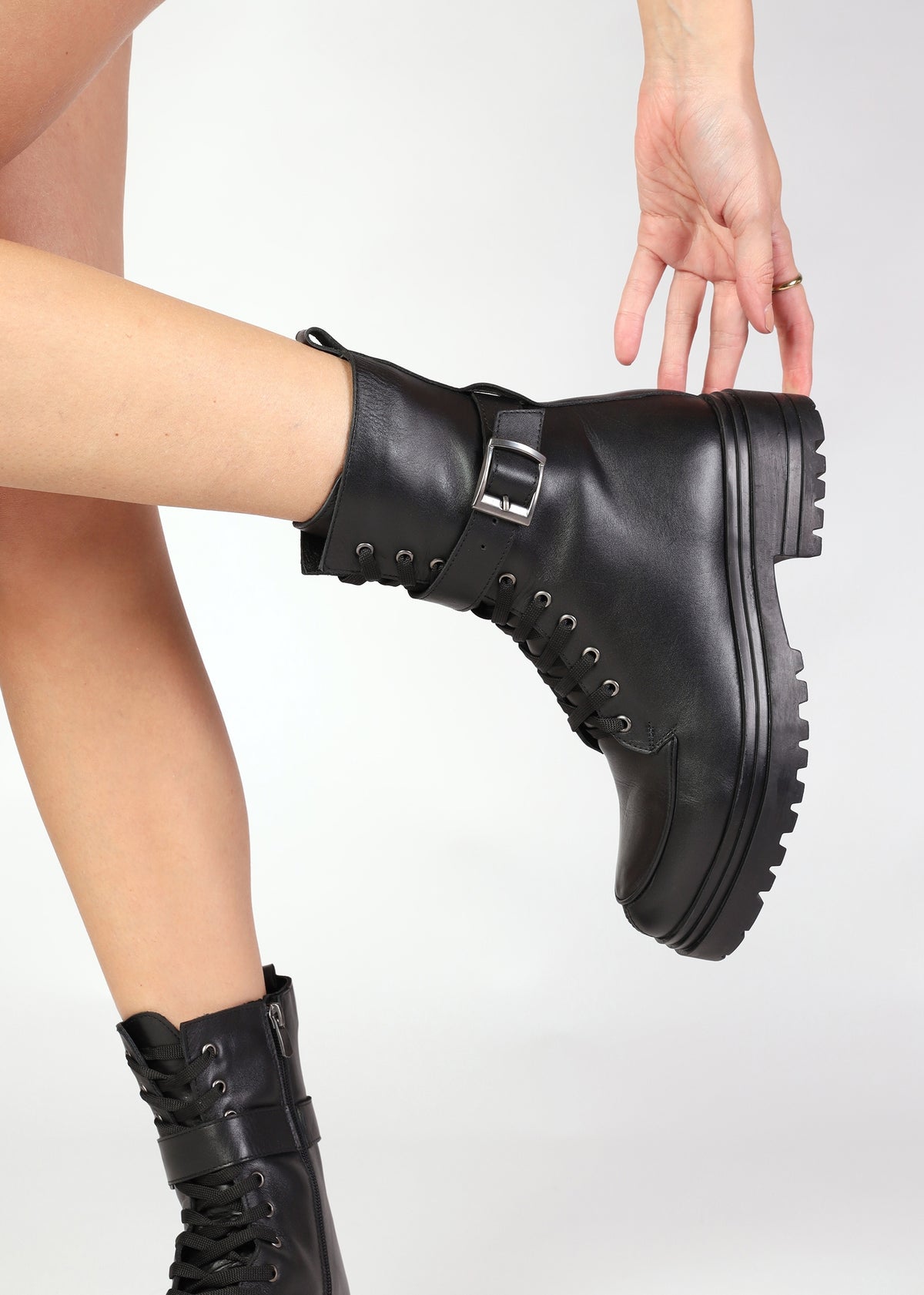 Boman Black Leather Lace Up Biker Boots