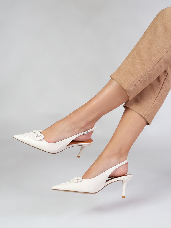 Eppie White Leather Mid Heel Sling Back Shoes