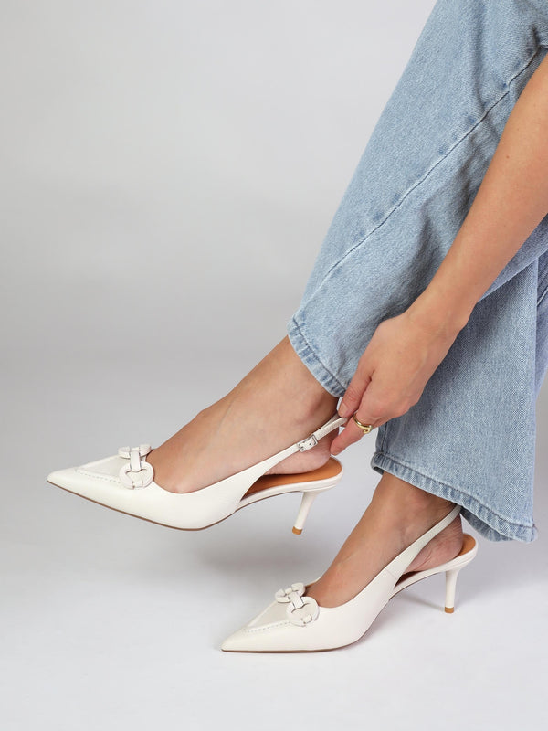Eppie White Leather Mid Heel Sling Back Shoes