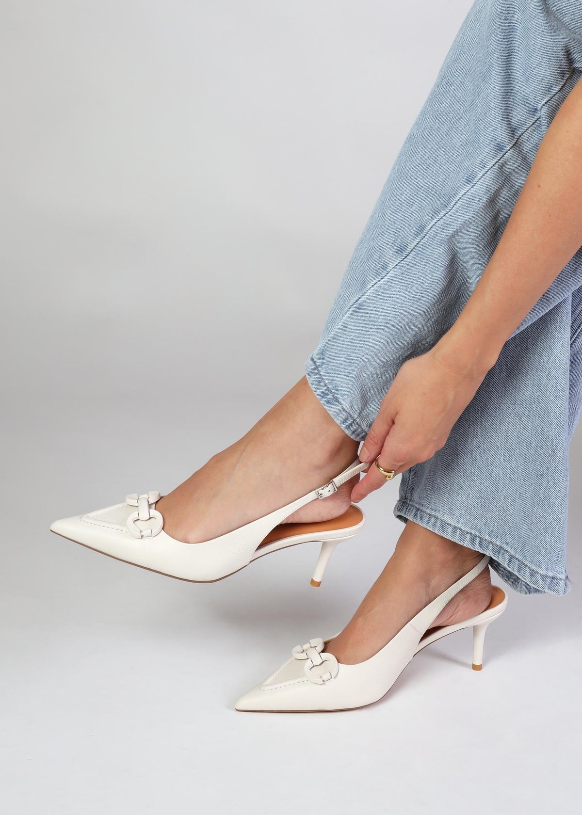 Eppie White Leather Mid Heel Sling Back Shoes