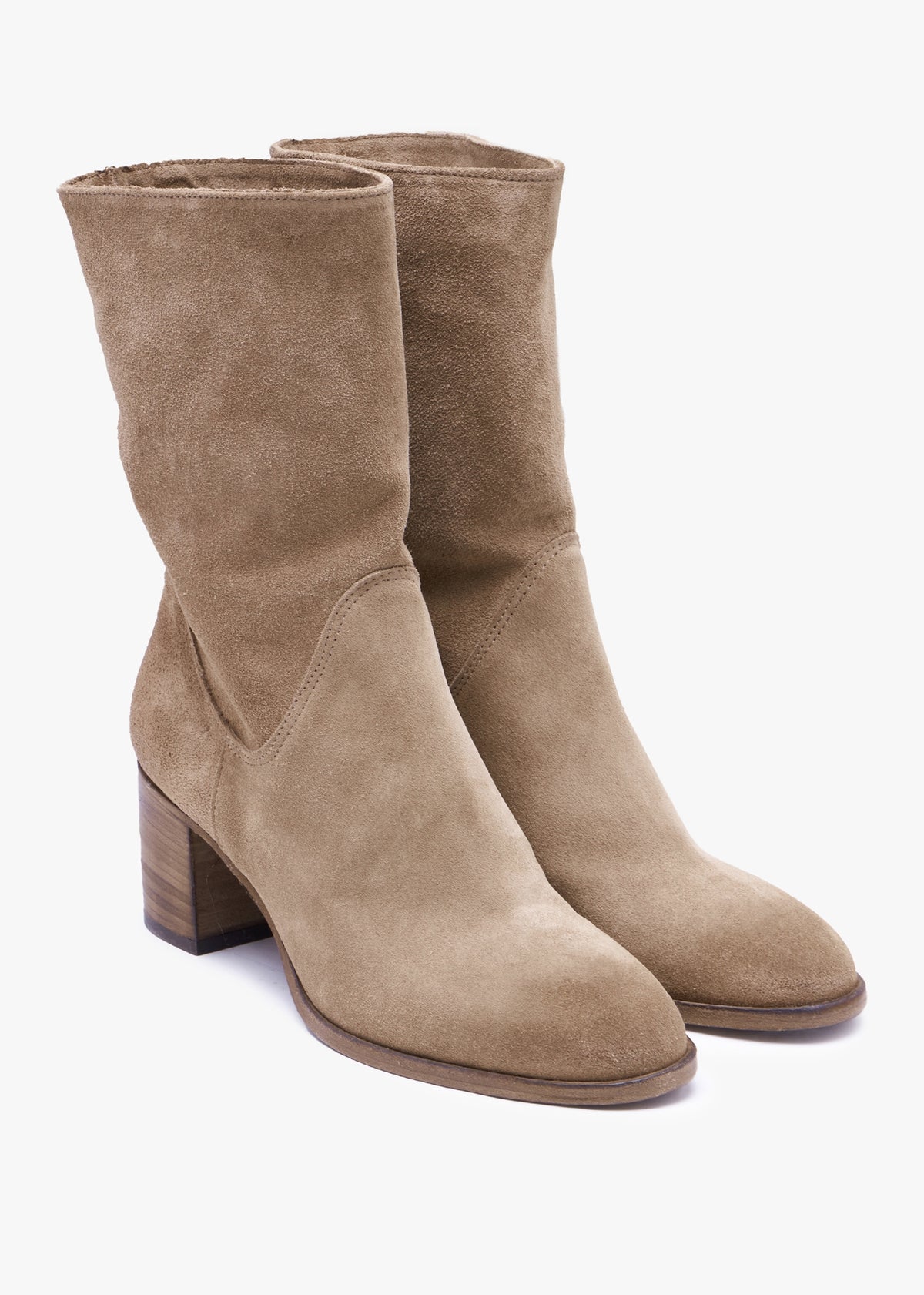 Gigi Taupe Suede Block Heel Calf Boots