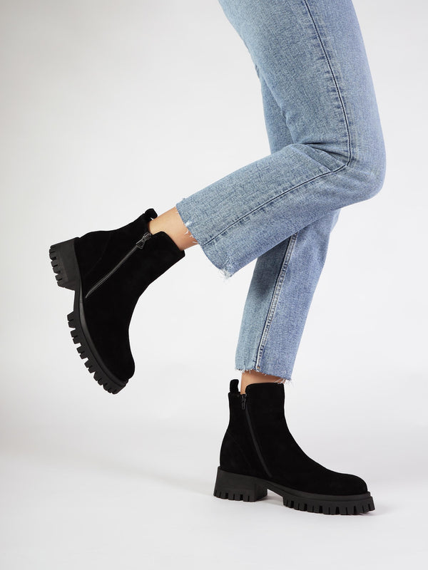 Lagos Black Suede Chunky Low Block Heel Ankle Boots