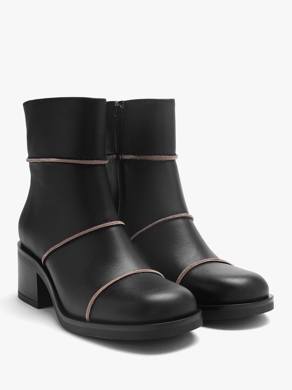 Tabitha Black Leather Block Heel Ankle Boots