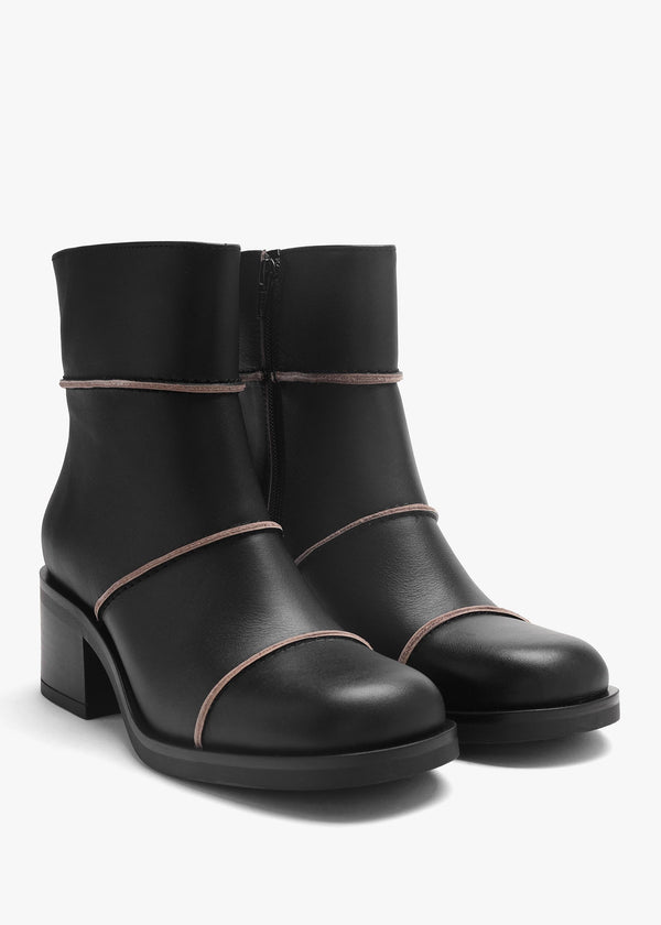 Tabitha Black Leather Block Heel Ankle Boots