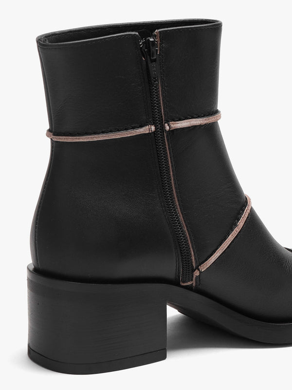 Tabitha Black Leather Block Heel Ankle Boots