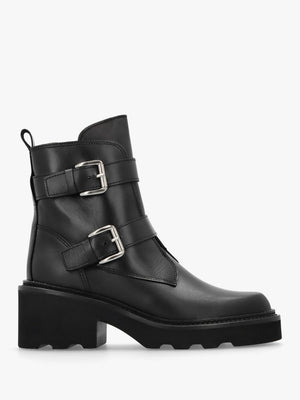 Arose Black Leather Double Buckle Ankle Boots