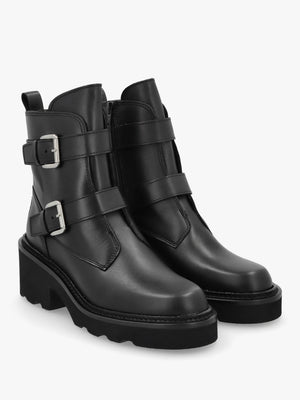 Arose Black Leather Double Buckle Ankle Boots