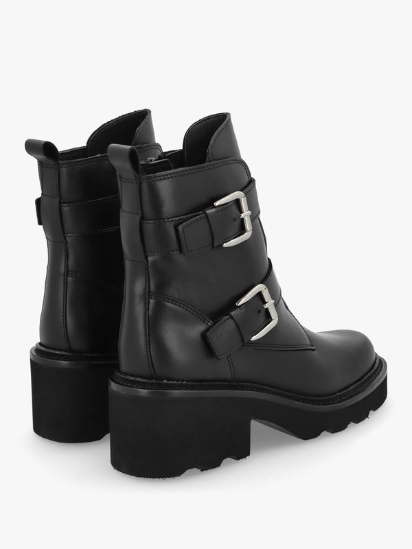 Arose Black Leather Double Buckle Ankle Boots