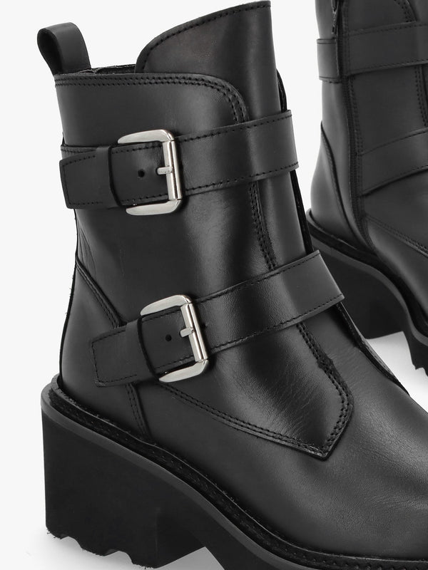 Arose Black Leather Double Buckle Ankle Boots