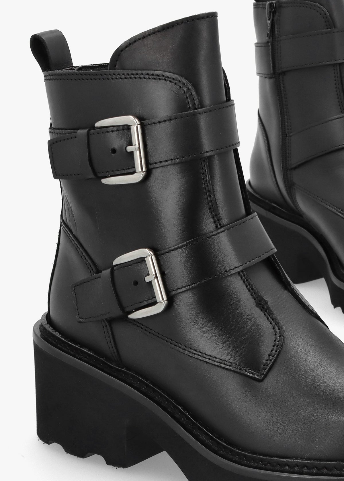Arose Black Leather Double Buckle Ankle Boots