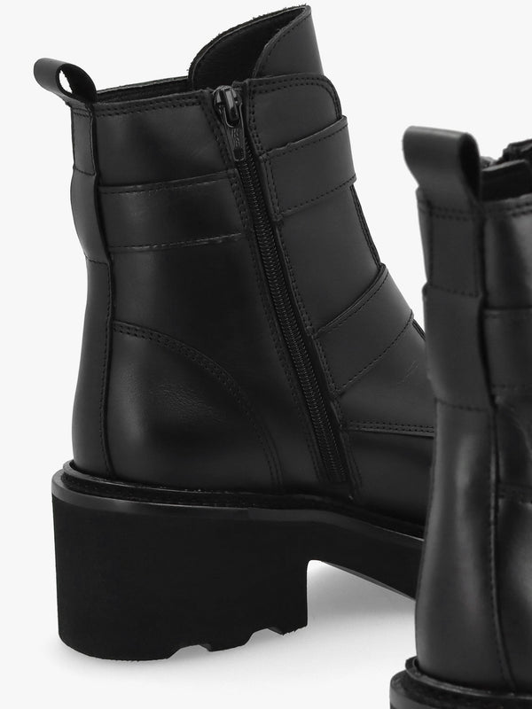 Arose Black Leather Double Buckle Ankle Boots
