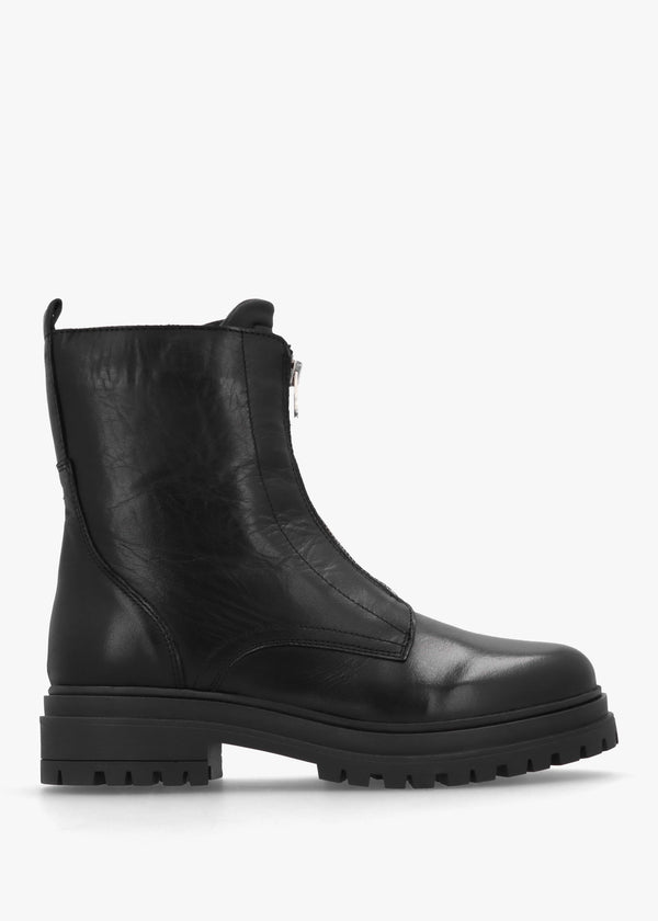 Izippe Black Leather Front Zip Ankle Boots