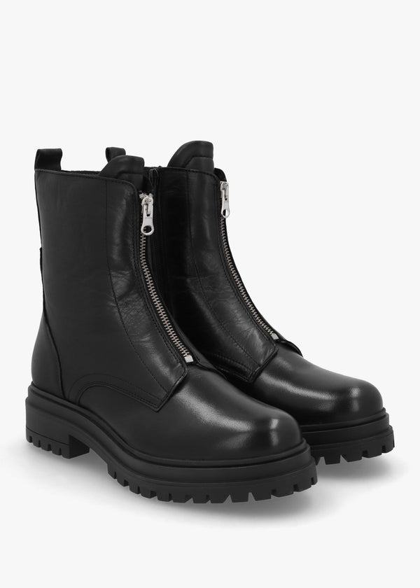 Izippe Black Leather Front Zip Ankle Boots