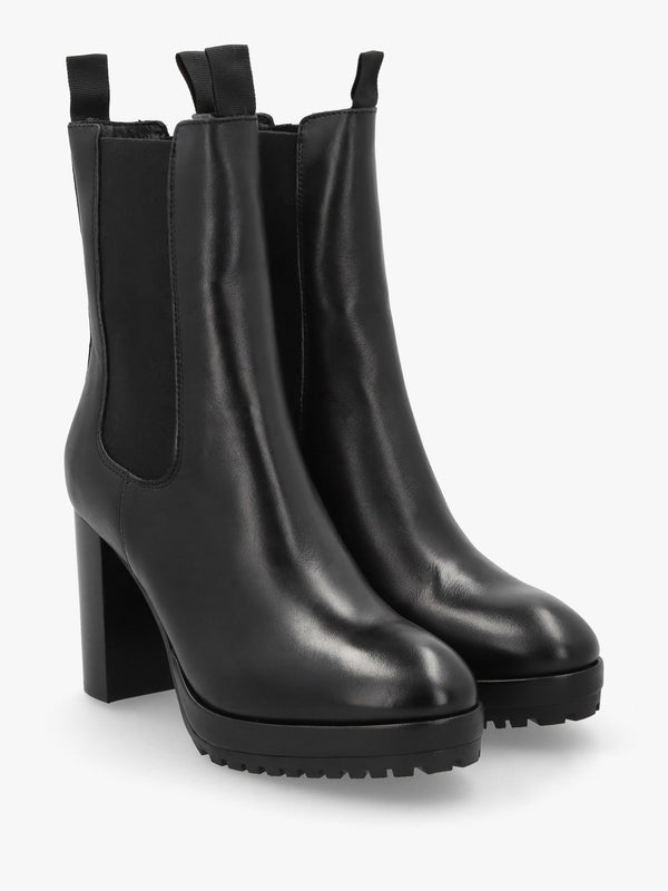 Thea Black Leather High Block Heel Platform Chelsea Boots