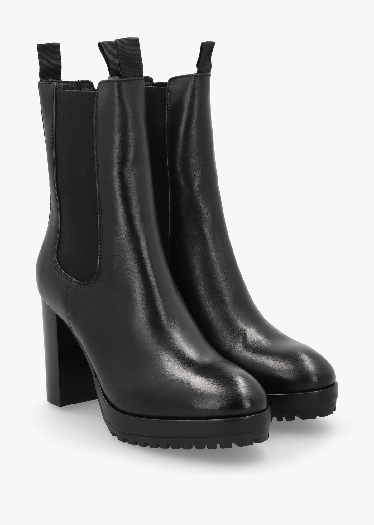 Thea Black Leather High Block Heel Platform Chelsea Boots
