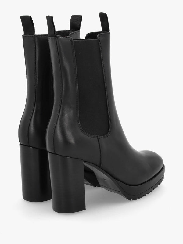 Thea Black Leather High Block Heel Platform Chelsea Boots