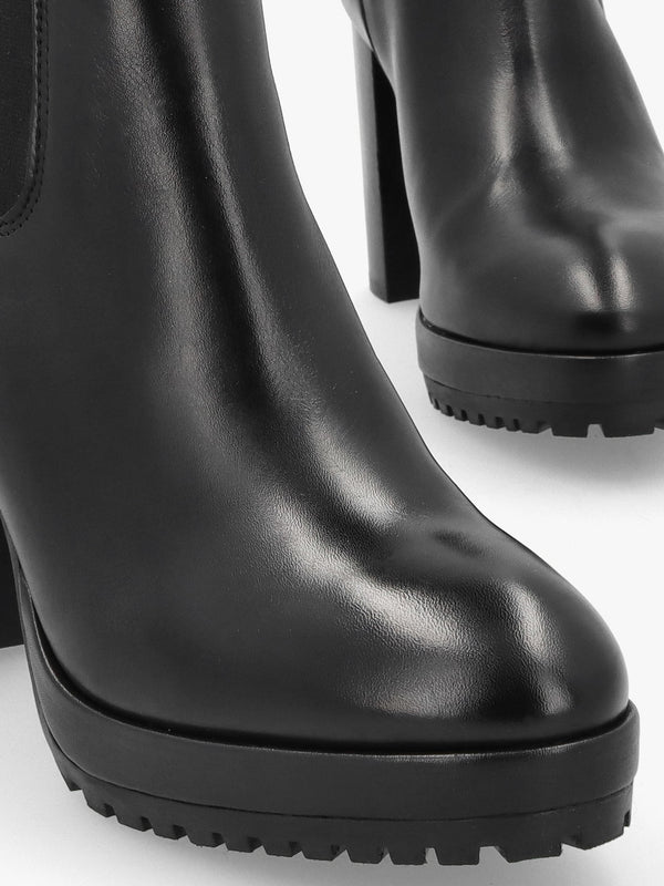 Thea Black Leather High Block Heel Platform Chelsea Boots