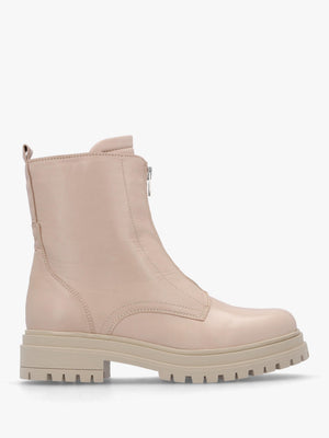 Izippe Cream Leather Front Zip Ankle Boots