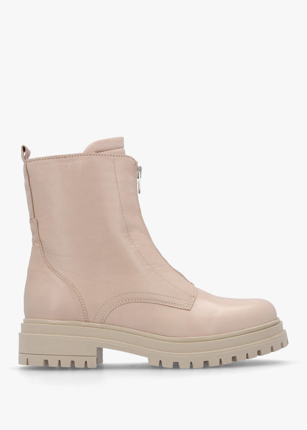 Izippe Cream Leather Front Zip Ankle Boots