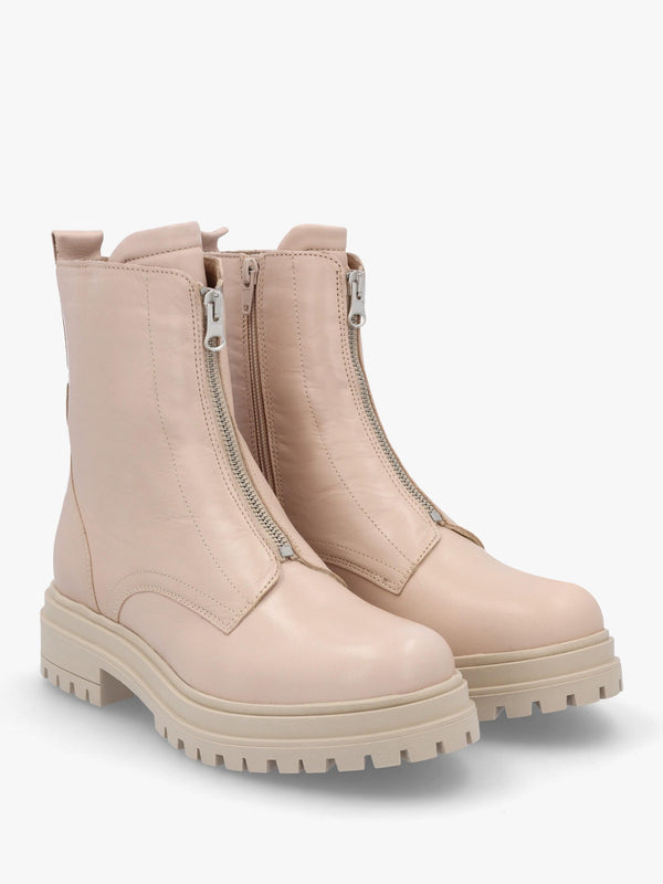 Izippe Cream Leather Front Zip Ankle Boots