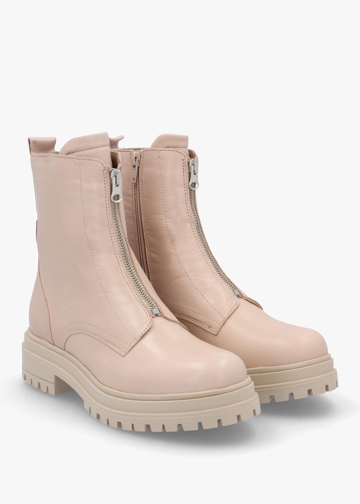 Izippe Cream Leather Front Zip Ankle Boots
