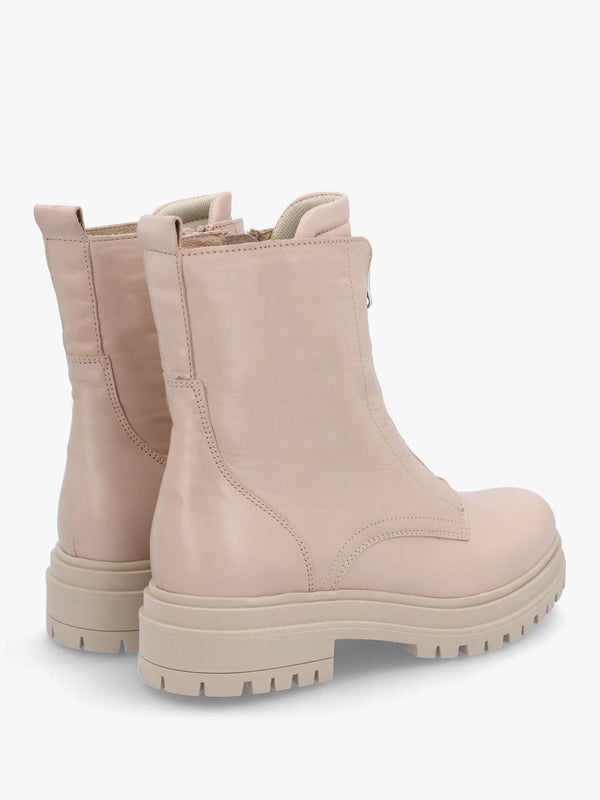 Izippe Cream Leather Front Zip Ankle Boots