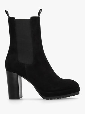 Thea Black Suede High Block Heel Platform Chelsea Boots