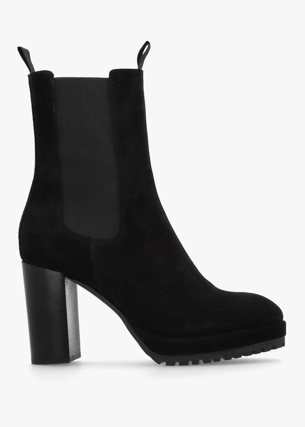 Thea Black Suede High Block Heel Platform Chelsea Boots