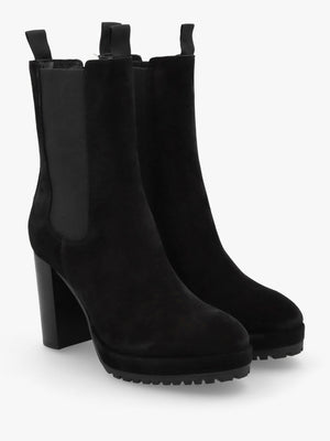 Thea Black Suede High Block Heel Platform Chelsea Boots