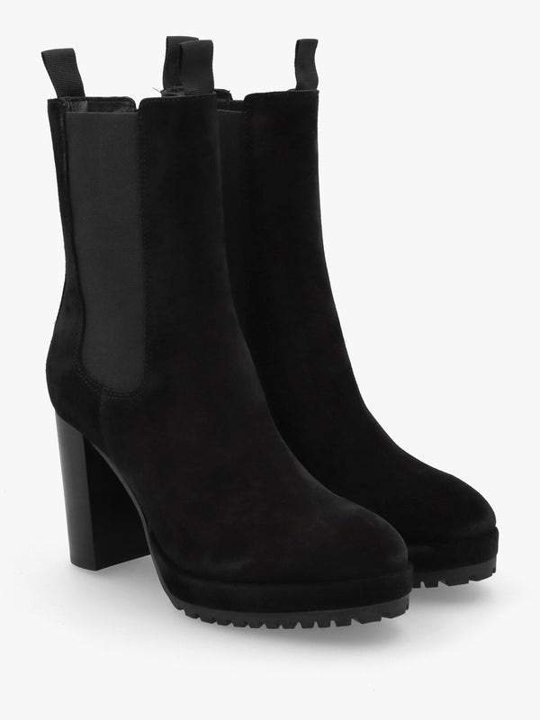 Thea Black Suede High Block Heel Platform Chelsea Boots