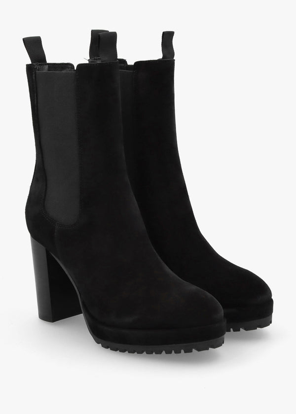 Thea Black Suede High Block Heel Platform Chelsea Boots