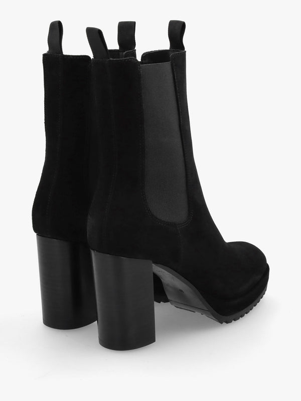 Thea Black Suede High Block Heel Platform Chelsea Boots