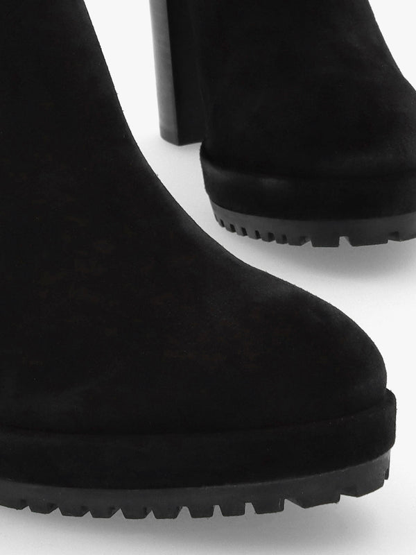 Thea Black Suede High Block Heel Platform Chelsea Boots