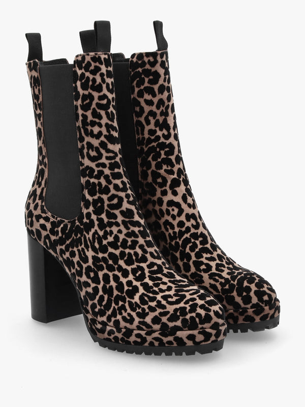 Thea Leopard Suede High Block Heel Platform Chelsea Boots