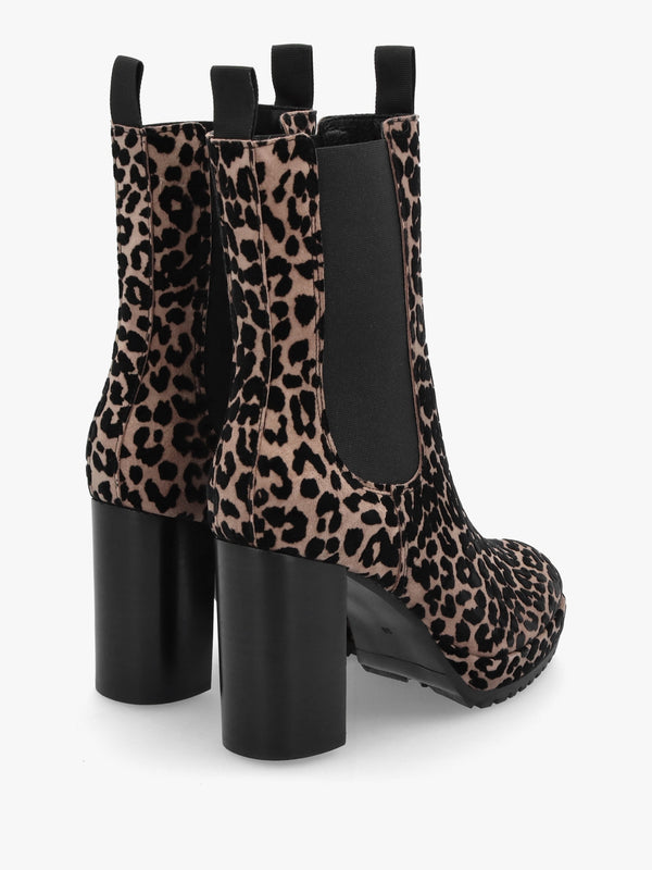 Thea Leopard Suede High Block Heel Platform Chelsea Boots