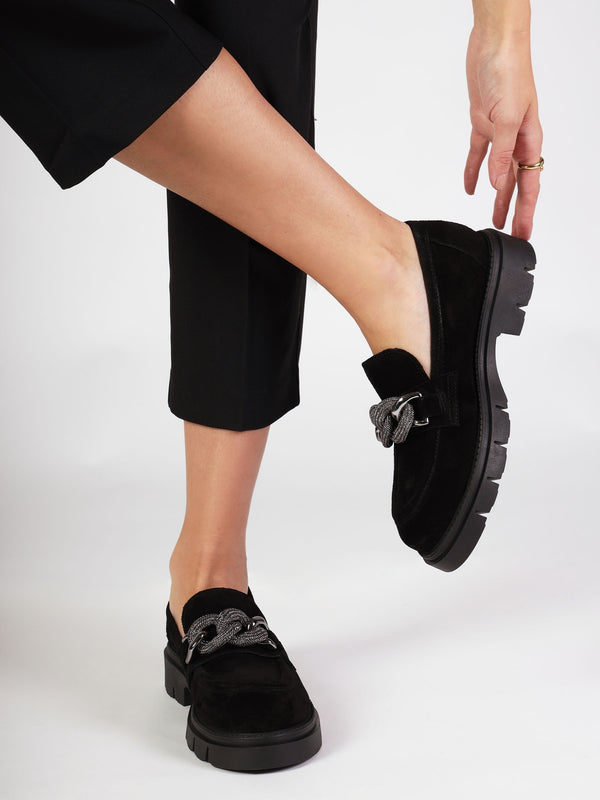 Lisbon Black Suede Link Chain Chunky Loafers