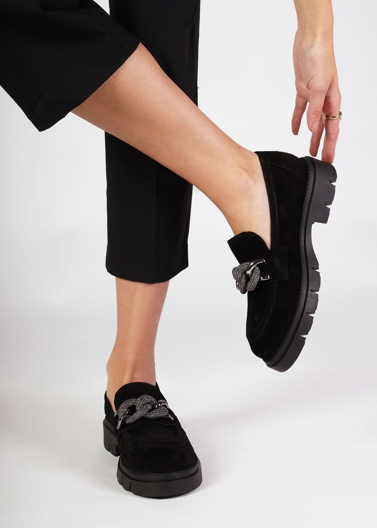 Lisbon Black Suede Link Chain Chunky Loafers