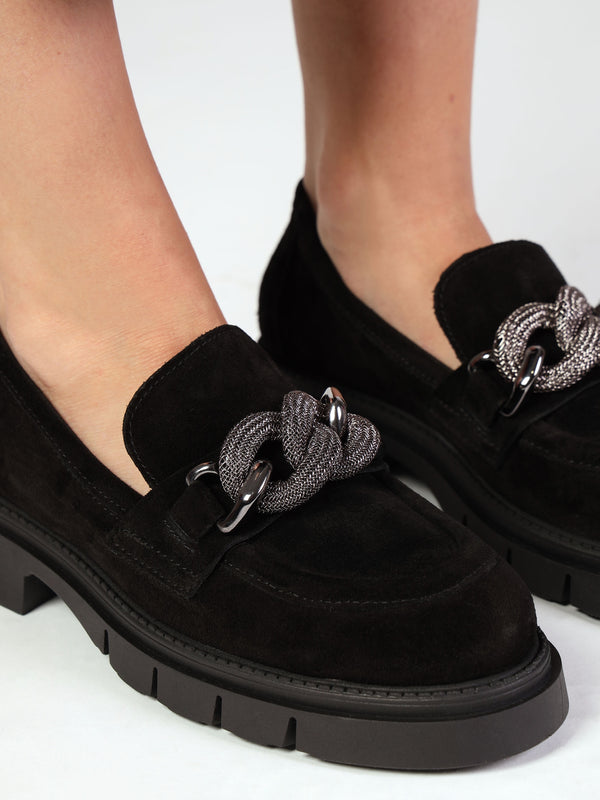 Lisbon Black Suede Link Chain Chunky Loafers