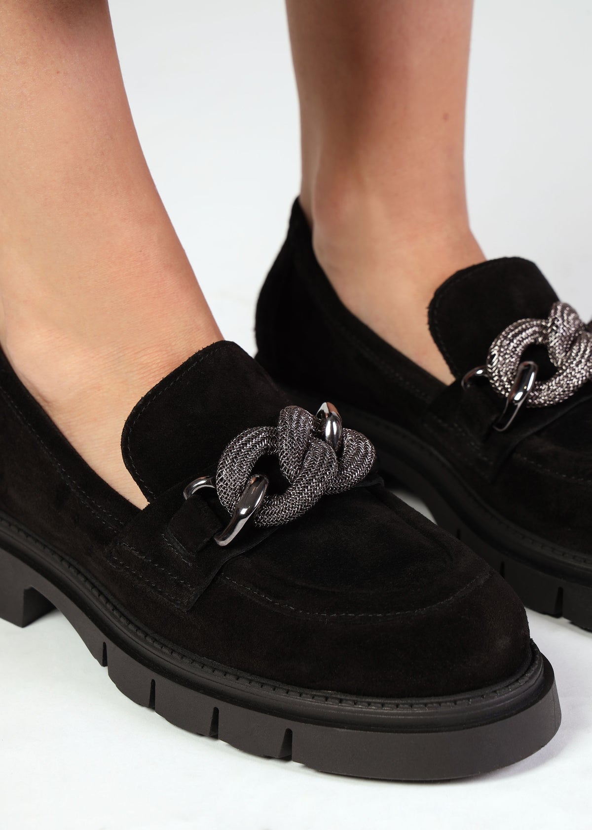 Lisbon Black Suede Link Chain Chunky Loafers