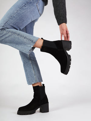 Luxor Black Suede Block Heel Chelsea Boots