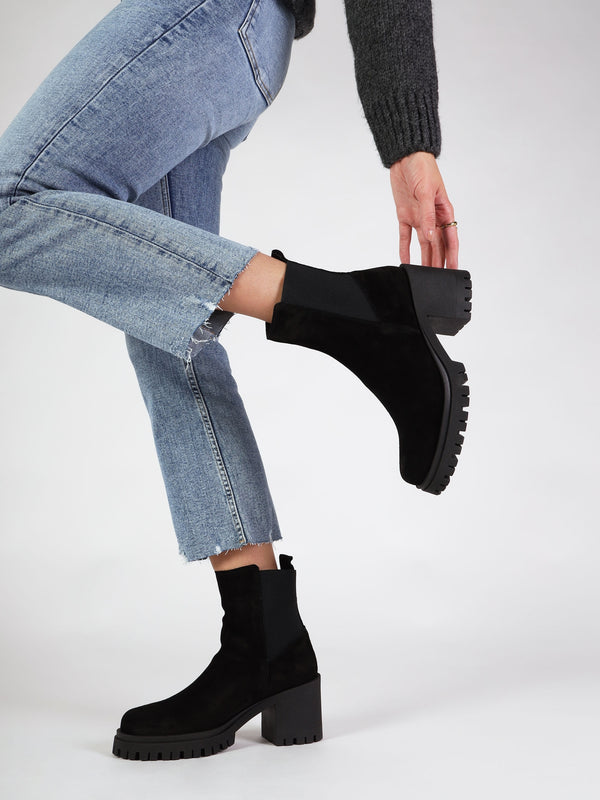 Luxor Black Suede Block Heel Chelsea Boots