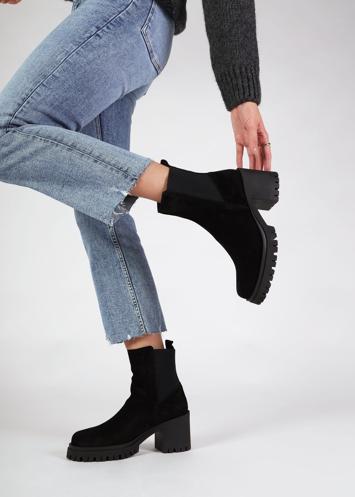 Luxor Black Suede Block Heel Chelsea Boots