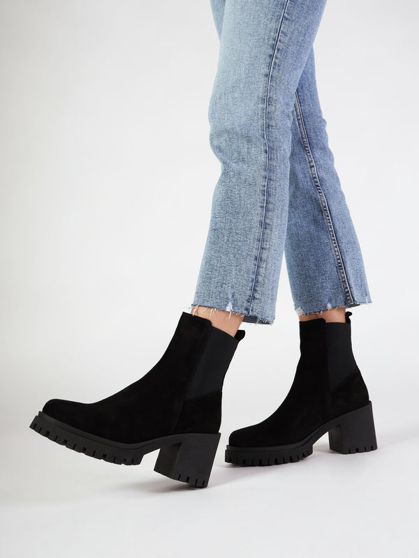 Luxor Black Suede Block Heel Chelsea Boots