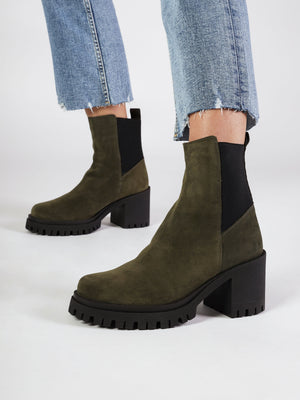 Luxor Green Suede Block Heel Chelsea Boots