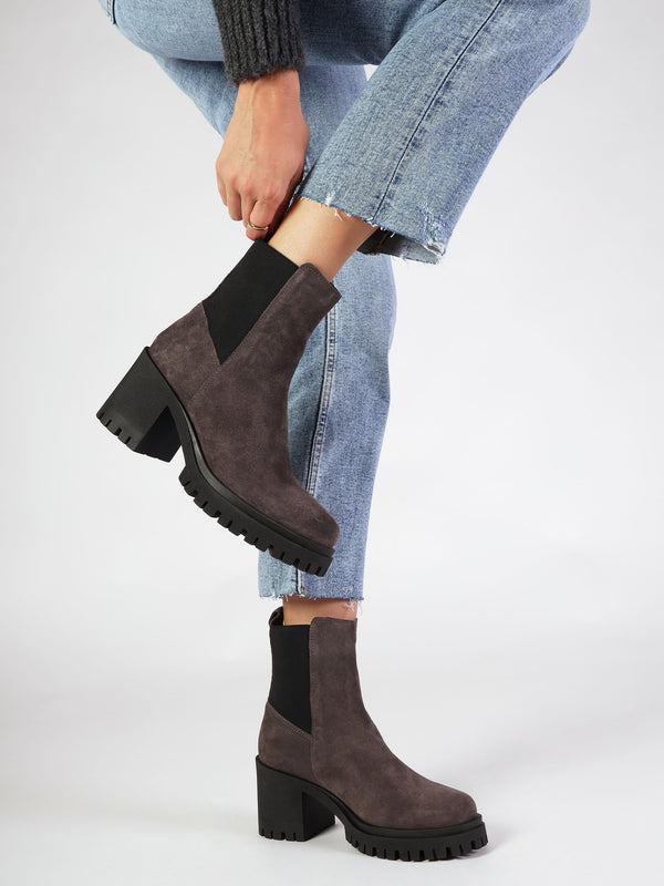 Luxor Grey Suede Block Heel Chelsea Boots