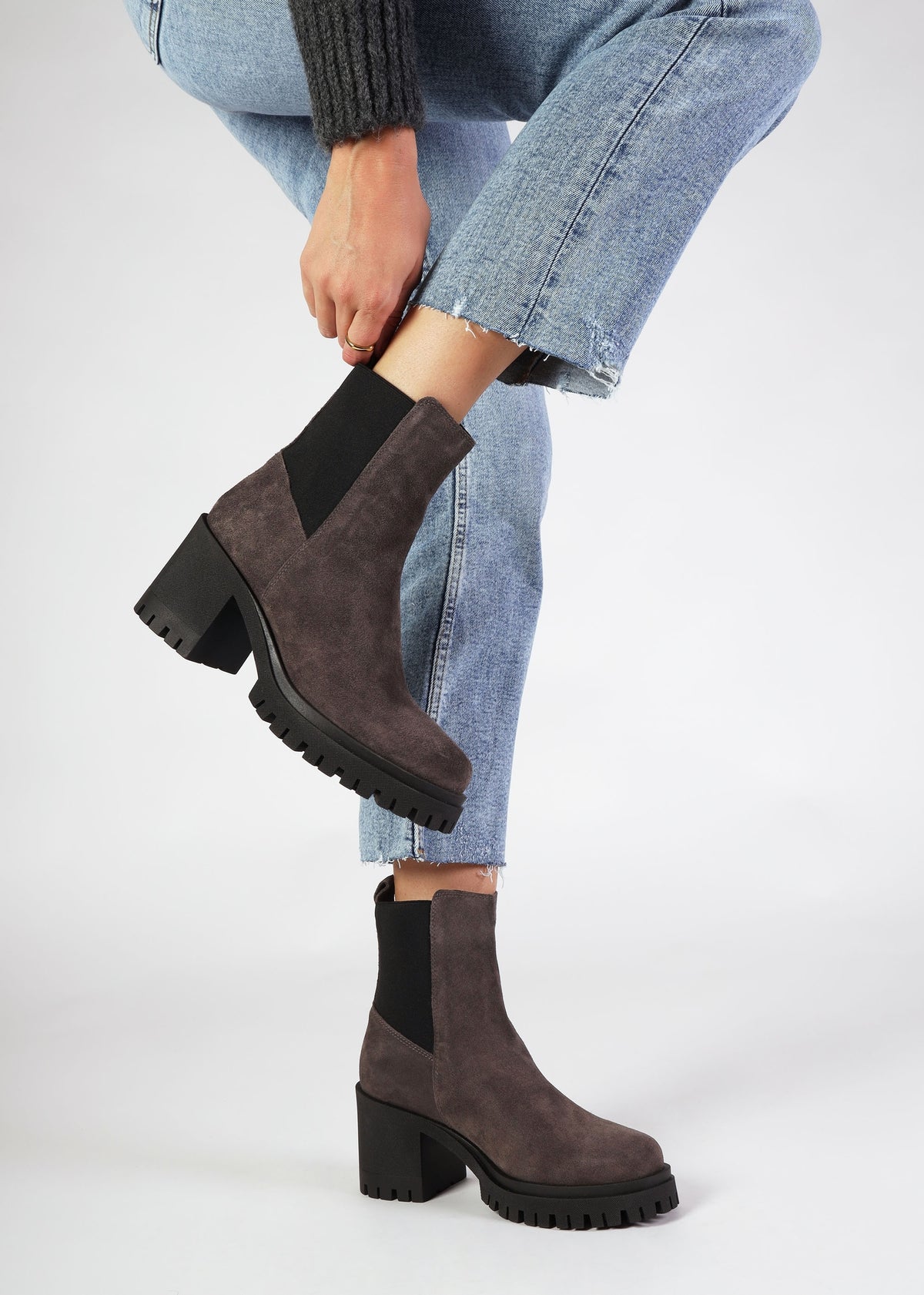 Luxor Grey Suede Block Heel Chelsea Boots
