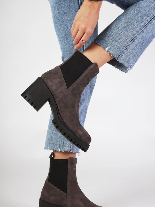Luxor Grey Suede Block Heel Chelsea Boots