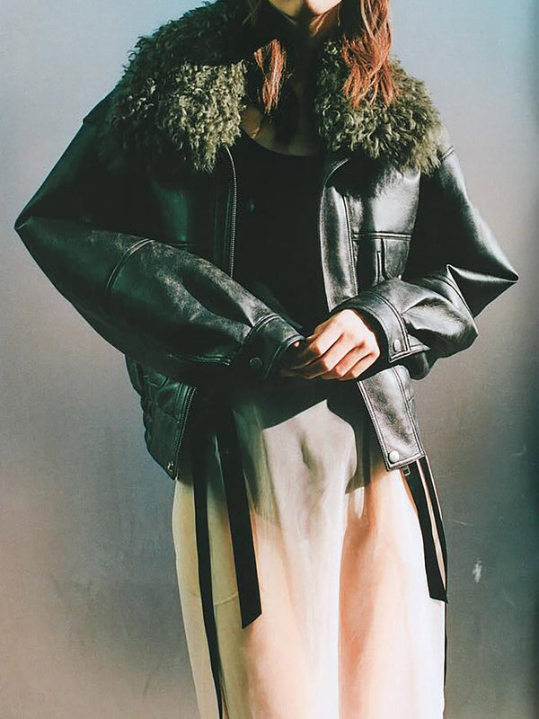 Frankie Black & Khaki Shearling Collar Biker Jacket