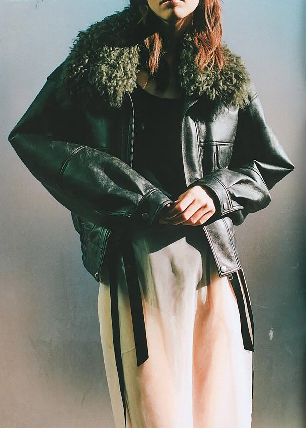 Frankie Black & Khaki Shearling Collar Biker Jacket