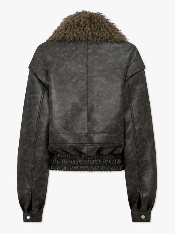 Frankie Black & Khaki Shearling Collar Biker Jacket